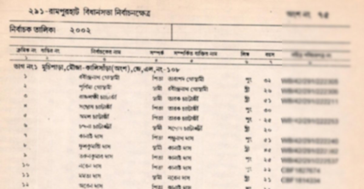 A scanned page of the 2002 West Bengal electoral roll, typewritten in Bengali, with numbered elector rows.
